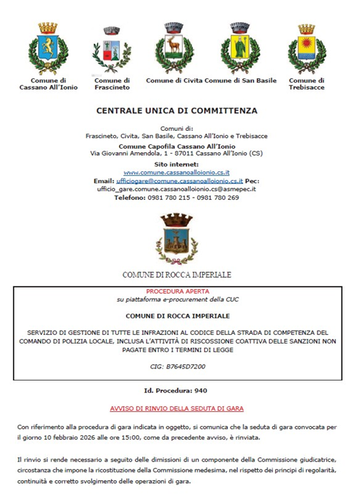 Servizio di gestione di tutte le infrazioni al Codice della Strada di competenza del Comando di Polizia Locale, inclusa lattività di riscossione coattiva delle sanzioni non pagate entro i termini di legge - AVVISO RINVIO SEDUTA DI GARA