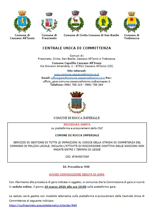 Servizio di gestione di tutte le infrazioni al Codice della Strada di competenza del Comando di Polizia Locale, inclusa lattività di riscossione coattiva delle sanzioni non pagate entro i termini di legge - AVVISO CONVOCAZIONE SEDUTA DI GARA